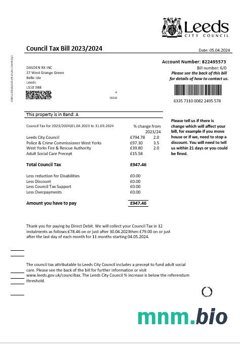 Wielka Brytania Leeds City Council tax rachunek za usługi komunalne szablon w formacie Word i PDF